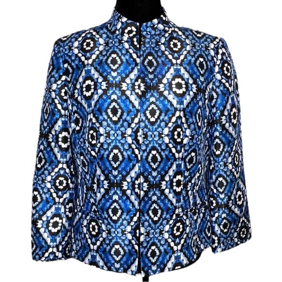 Kasper Cabana Blue Black & White Ikat Open Front Mandarin Collar Blazer Size 8 - Picture 2 of 10